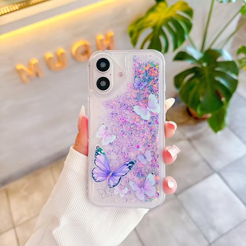 Compatible with iPhone 17 Pro Glitter Butterfly Case Glow in The Dark Women Girls Girly Bling Sparkle Flowing Quicksand Light up Soft TPU Bumper Luminous Clear Phone Cover, Blue - color: Purple, size: iPhone 17