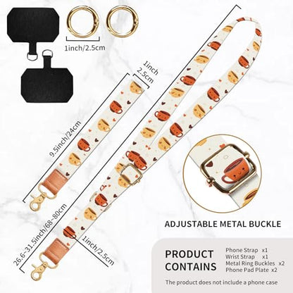 Phone Lanyard Crossbody Wrist Strap, Universal Adjustable Neck Strap for Phone Case Keys ID Badges - color: Cute Coffees