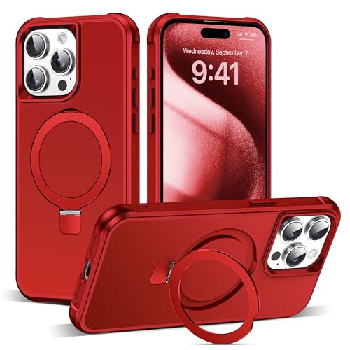SKYLMW Compatible with iPhone 15 Pro Case with Stand,Red | iPhone 15 Pro Phone Case 6.1",Magnetic Ring Stand,Compatible with MagSafe,Military-Grade Protection,Great Grip Feeling - color: Red, size: Iphone 15 Pro