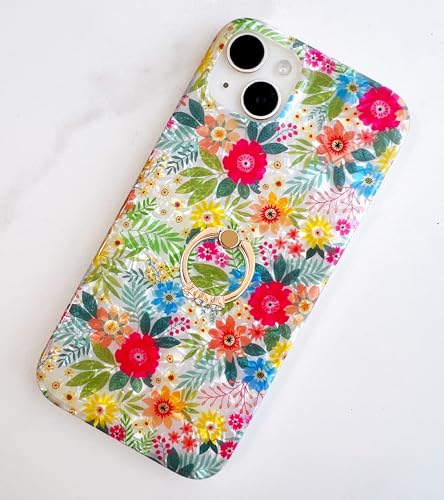 Qokey for iPhone 13/14 Case 6.1 inch,Flower Design Cute Clear for Women Girls with 360 Degree Rotating Ring Kickstand Soft TPU Shockproof Cover Blue Pink Floral - color: Blue Pink