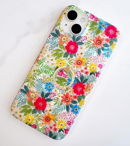 Qokey for iPhone 13/14 Case 6.1 inch,Flower Design Cute Clear for Women Girls with 360 Degree Rotating Ring Kickstand Soft TPU Shockproof Cover Blue Pink Floral - color: Blue Pink
