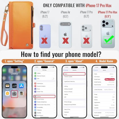 Defencase for iPhone 17 Pro Max Wallet Case with RFID Card Holder, Orange - color: Orange