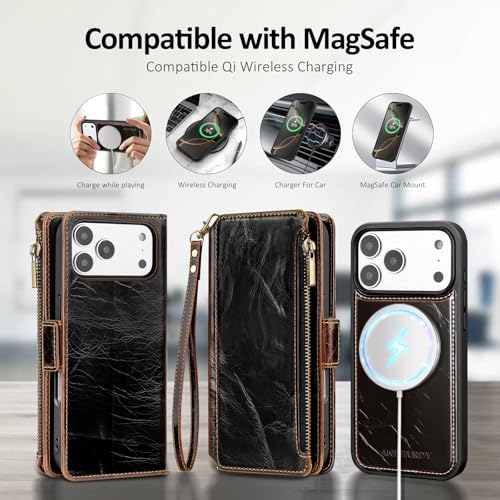 Antsturdy Compatible with MagSafe iPhone 17 Pro Wallet Case,Coffee | Detachable Magnetic Credit Card Holder,RFID Blocking,PU Leather Zipper Purse,Wrist Strap Kickstand,Flip Phone Cover for Women - color: (Detachable with Magsafe)-Coffee