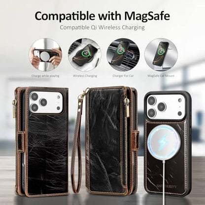 Antsturdy Compatible with MagSafe iPhone 17 Pro Wallet Case,Coffee | Detachable Magnetic Credit Card Holder,RFID Blocking,PU Leather Zipper Purse,Wrist Strap Kickstand,Flip Phone Cover for Women - color: (Detachable with Magsafe)-Coffee