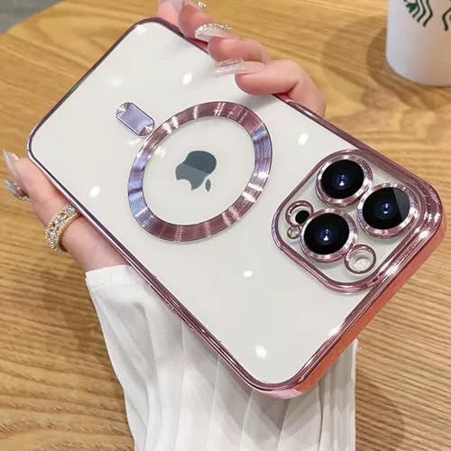 MIFEDUCT Magnetic for iPhone 13 Pro Max Case Clear [Compatible with MagSafe] Anti Yellow 13 Pro Max Case with Camera Len Protector Luxury Plating Soft TPU Shockproof Phone Cover 6.7", Pink Titanium - color: Pink, size: For iPhone 13 Pro Max 6.7"