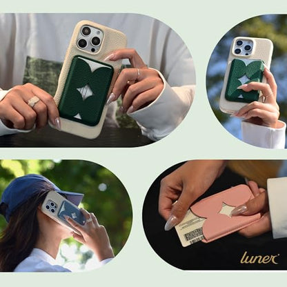 Luner - Magnetic Leather Card Wallet Compatible with Magsafe - [for iPhone 17, 16, 15, 14, 13, 12 series] - [Holds 2 cards] - [Made of Vegan Leather] - Dark Green - color: Leafy Green, style: Classic