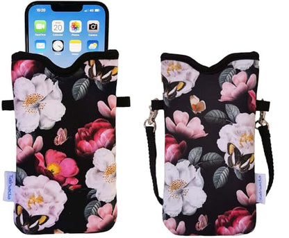 Tainada Neoprene Neck Phone Pouch Case with Crossbody Strap (Black Floral) | For Women; Lightweight small cellphone bag; Compatible with iPhone 17/16 Pro Max, 16e, 16/15 Plus; Samsung S26/S25, A57/A56 - color: Black Floral