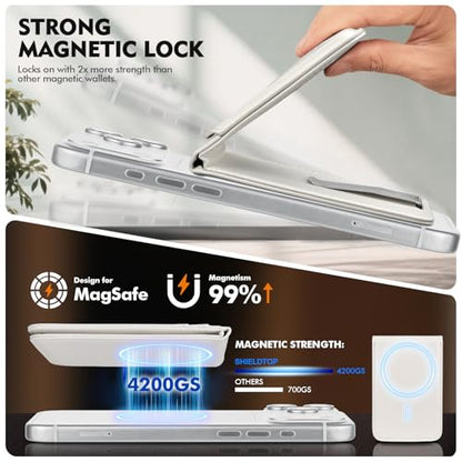 Shieldtop RFID Blocking MagSafe Wallet Stand with Card Holder,5 Card Slots & ID Window,PU Leather Magnetic Adjustable Kickstand for iPhone 12/13/14/15/16/17 Pro Max & Air Plus Series,White - color: White