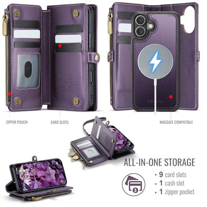 Defencase for iPhone 17 Phone Case Wallet Compatible with Magsafe, Purple | Magnetic Detachable, Drop-Proof Protective Wallet Cases Cover, with RFID Bolcking Card Holder, Zipper Strap, Soft PU Leather - color: (Detachable with Magsafe)-Purple