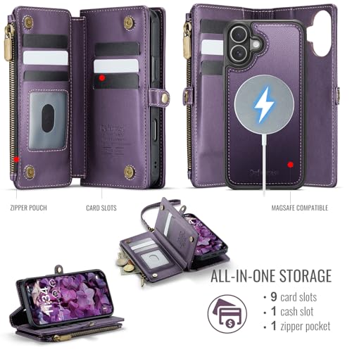 Defencase for iPhone 17 Phone Case Wallet Compatible with Magsafe, Purple | Magnetic Detachable, Drop-Proof Protective Wallet Cases Cover, with RFID Bolcking Card Holder, Zipper Strap, Soft PU Leather - color: (Detachable with Magsafe)-Purple