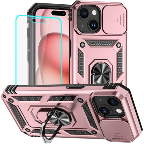 HNHYGETE for iPhone 15 Case with HD Screen Protector: [Military Grade 20ft. Drop Tested] Ring Shockproof Protective Phone Case for - iPhone 15 Rose Gold - color: Rose Gold, size: iPhone 15