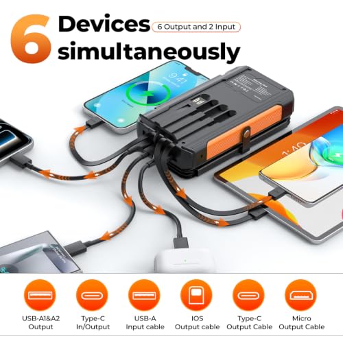 Solar Charger Power Bank 20000mAh Portable Charger Built-in 4 Cables(Micro/USB-C/Ios Output Cable,USB-A Input Cable) & 4 Solar Panels, 15W Fast Charging Battery Pack with Flashlight for Camping Travel
