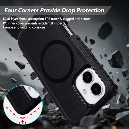 Phone Case for iPhone 16 Case with Belt Clip, Compatible with MagSafe | Defender for iPhone 16 Case with Kickstand, 3-Layer Heavy Duty Military Grade Drop Protection Cover for iPhone 16, Black - color: Black