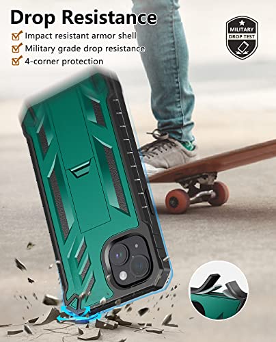 FNTCASE for iPhone 14 Plus Case, Built-in Screen Protector, Kickstand Green | 20FT Military-Grade Drop Protection, Anti-Slip Matte Textured, Rugged Heavy Duty Shockproof TPU Protective Cover - color: Green
