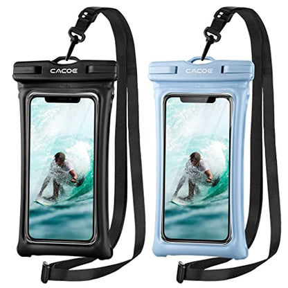 CACOE Floatable Waterproof Phone Pouch 2 Pack Up to 7.0",Black+Light Blue | Floatable, IPX8 Waterproof Phone Case,Adjustable Lanyard,Dry Bags for Beach/Cruise/Travel/Camping/Kayak/Vacation Essentials - color: Black+Light Blue