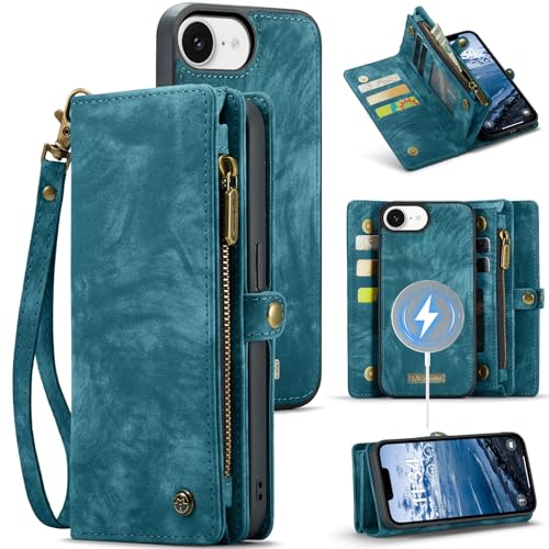 Compatible with iPhone 17E/16E Wallet Case with Magsafe,Blue | Magnetic Detachable Case,Card Holder,Zipper Pocket,Strap Wristlet, Soft Leather Drop-Proof Phone Case for iPhone 17E/16E - color: (Detachable and Magsafe)-Blue, size: iPhone 16E/17E 6.1 Inch
