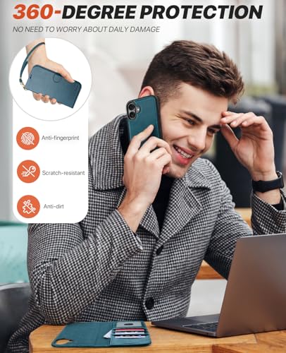 OCASE for iPhone 16 Case Detachable Wallet Case with Card Holder, 2 in 1 Pu Leather Flip Folio with RFID Blocking Stand Wrist Strap Shockproof Phone Cover 6.1 Inch 2024, Peacock Blue - color: Peacock Blue, size: iPhone 16