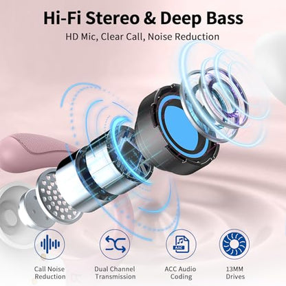Wireless Earbuds, 2026 New Bluetooth 5.4 Headphones Sport, 60H+ HiFi Stereo - color: Frizz Pink