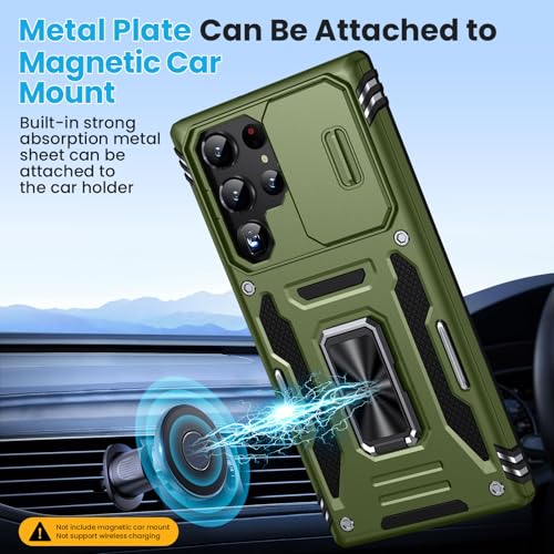 for Samsung Galaxy S22 Ultra Case with 2 PCS HD Screen Protector, Military Grade Protection Metal 360 ° Rotating Ring Kickstand Slide Camera Cover, Shockproof for Galaxy S22 Ultra Case, Olive Green | 2 PCS HD Screen Protector, Magnetic Metal 360 ° Rotatin