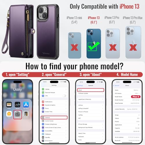 Defencase for iPhone 13 Phone Case Wallet Compatible with Magsafe, Purple | Magnetic Detachable, Drop-Proof Protective Wallet Cases Cover, with RFID Bolcking Card Holder, Zipper Strap, Soft PU Leather - color: (Detachable with Magsafe)-Purple