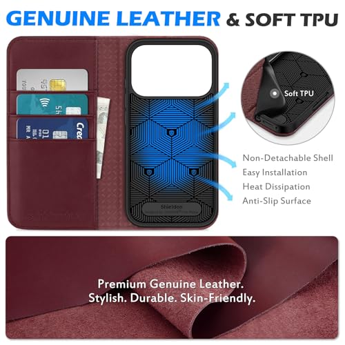 SHIELDON Genuine Leather Flip Wallet Case for iPhone 17 Pro 6.3", Wine Red | RFID Blocking, Credit Card Holder, Magnetic Closure, Kickstand, Folio Design, Soft Shock-Absorbent Phone Cover - color: Wine Red