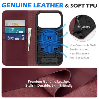 SHIELDON Genuine Leather Flip Wallet Case for iPhone 17 Pro 6.3", Wine Red | RFID Blocking, Credit Card Holder, Magnetic Closure, Kickstand, Folio Design, Soft Shock-Absorbent Phone Cover - color: Wine Red