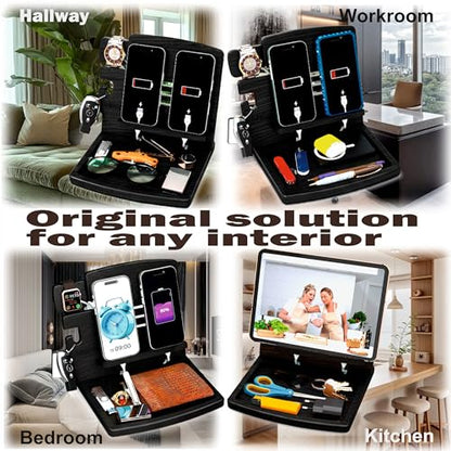 MED Wood Phone Docking Station Nightstand Desk Organizer for Phone, Watch, Wallet & Tablet Gift for Men, Husband, Father's Day, Dad & Women Model 1 (Black) - color: Black