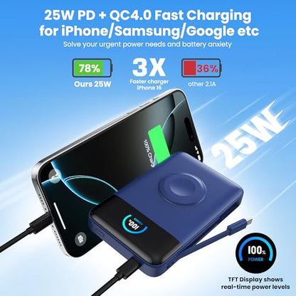 Ekrist Magnetic Portable Charger 10800mAh for MagSafe with Built-in Cable,iWatch Charger,Wireless Power Bank Travel Essentials,25W Fast Charging Battery Pack for iPhone 17/16/15/14,Apple Watch(Blue) - color: Blue