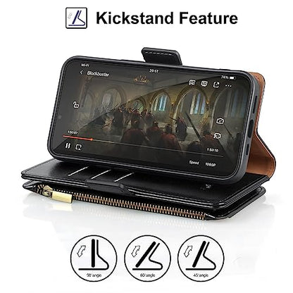 Antsturdy for iPhone 14 Plus Phone Wallet Case Women,Black | RFID Blocking,with Credit Card Holder Slots,PU Leather Purse,Zipper Pocket,Wrist Strap Kickstand,Flip Folio Cover for Men - color: A-Black