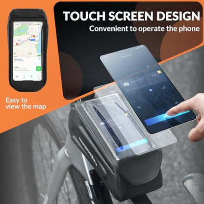ROCKBROS Bike Phone Bag Top Tube Frame Bag Waterproof Flip-top Design | 3D EVA Hard Shell Mount Holder Bag 1.7L Cycling Pouch Compatible Phones Under 7'' for E-Bike Accessories - color: Black - Hook and Loop