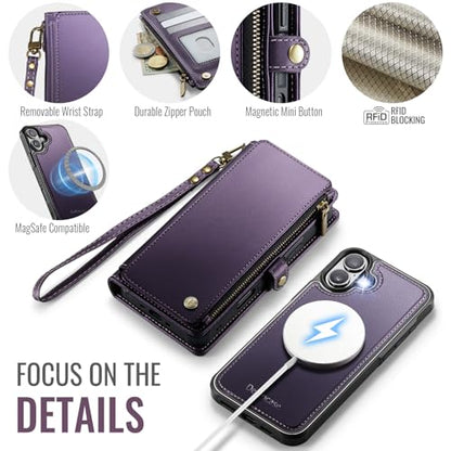 Defencase for iPhone 17 Phone Case Wallet Compatible with Magsafe, Purple | Magnetic Detachable, Drop-Proof Protective Wallet Cases Cover, with RFID Bolcking Card Holder, Zipper Strap, Soft PU Leather - color: (Detachable with Magsafe)-Purple