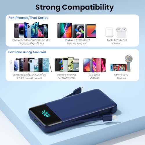 Portable Charger for iPhone,13800mAh Slim Power Bank with Built-in Cables & AC Wall Plug,All in One 4 Outputs USB C Fast Charging Battery Pack Travel Essential for iPhone 17/16/15/14,Android (Blue) - color: Blue