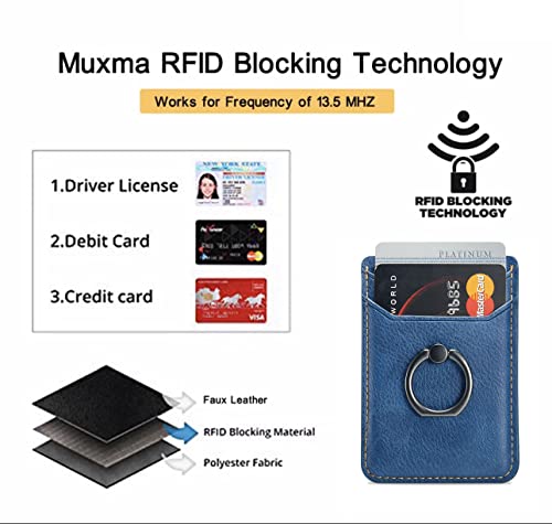 Card Holder Sleeve with Ring, RFID Credit Wallet Synthetic Leather Stick On Back Grip for iPhone Samsung Smartphone - Blue - color: Cow Blue