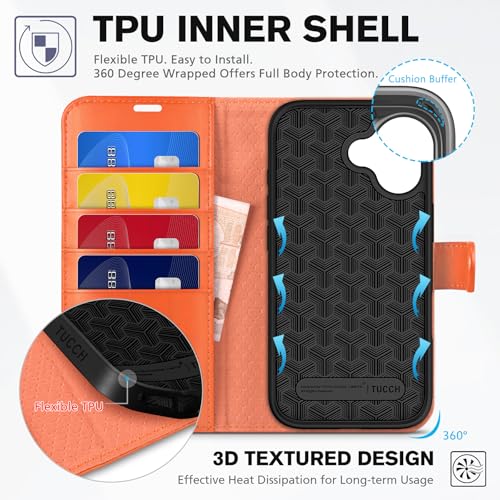 TUCCH Wallet Case for iPhone 17 (6.3") 2025, 4 Card Slots, Orange | RFID Blocking, Viewing Stand, Shockproof TPU Shell, PU Leather, Magnetic Closure, Protective Folio Flip Cover - color: Orange