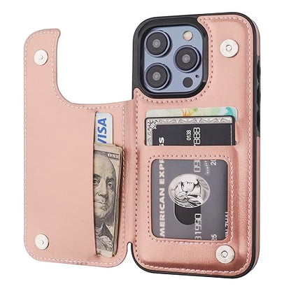 ONETOP for iPhone 15 Pro Wallet Case with Credit Card Holder,Rosegold | Kickstand,ID/Cash Holder,Case Wallet with Card Slots,Double Magnetic Clasp,Durable PU Leather Shockproof Cover for Women Men - color: Rose Gold