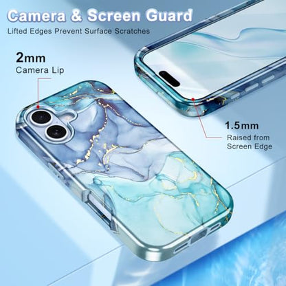 Btscase Compatible with iPhone 17 Case 6.3 Inch 2025,Marble Pattern 3 in 1 Heavy Duty Shockproof Full Body Rugged Hard PC+Soft Silicone Drop Protective Women Girl Phone Cases, Blue Cyan - color: Blue Cyan, size: iPhone 17