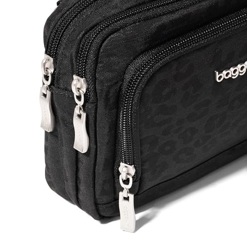 Baggallini Triple Zip with Front Wallet/Trifecta RFID Wallet Crossbody - color: Black Cheetah Emboss