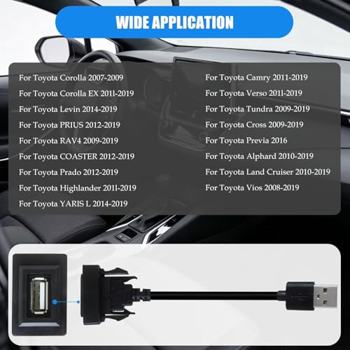 Improved Universal USB Dash Socket for Toyota - 34x23mm Flush Mount with 9.84" Extension Cord