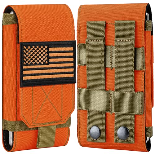 Tactical Molle Phone Cover Case, Heavy Duty Loop Belt Holster Pouch with Flag Patch for iPhone 17 Pro Max/Air/17 Pro/17/16 Pro Max/15 Pro Max/14 Pro Max/13 Pro Max, for Galaxy S26 Ultra - color: Orange