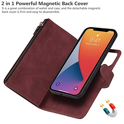 iCoverCase Compatible with iPhone 13 Wallet Phone Case with Card Holder, PU Leather Zipper Pocket Magnetic Detachable Flip Case with Wrist Strap (Claret) - color: Detachable--Claret