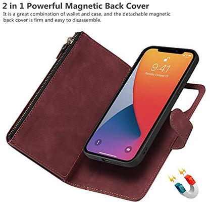 iCoverCase Compatible with iPhone 13 Wallet Phone Case with Card Holder, PU Leather Zipper Pocket Magnetic Detachable Flip Case with Wrist Strap (Claret) - color: Detachable--Claret