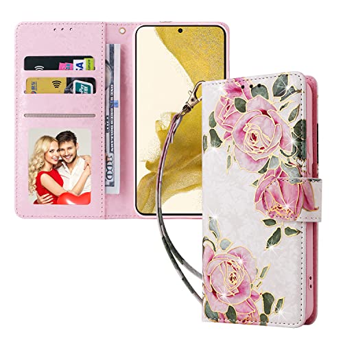 UEEBAI Wallet Case for Samsung Galaxy S23 5G, PU Leather Phone Case Kickstand RFID Blocking Flip Case Card Slots Wrist Strap Relief Engraved Pattern Magnetic Closure Flower Folio Case, White Rose - color: White Rose, size: Samsung Galaxy S23 5G