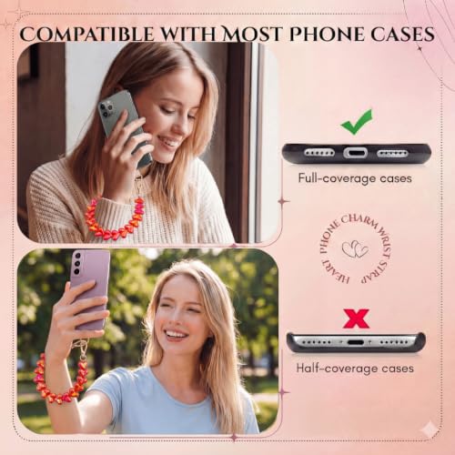 Heart Beaded Phone Wristlet | Phone Wrist Strap With Tether Tab | Cute Accessory for Phone, AirPods, Bag, Keys, Camera - color: Cherry Red