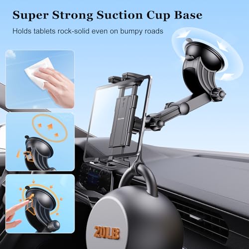 OHLPRO Tablet Holder for Car Dashboard [Suction Cup Mount] Windshield Wall Desk, Adjustable Stand for 5-13" iPad mini Air Pro Galaxy Tab S9 Phone - Heavy Duty Truck Accessories (9" Arm)