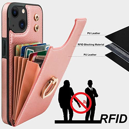 Folosu Compatible with iPhone 14 Case Wallet with Card Holder, 360°Rotation Finger Ring Holder Kickstand, RFID Blocking Leather Protective Double Buttons Shockproof Cover 6.1 Inch Rose Gold - color: Rose Gold, size: iPhone 14