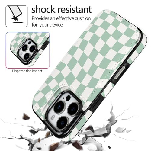 for iPhone 16 Pro Case Wallet with Card Holder (Green Checkerboard) | Flip PU Leather,Built-in Card Slots, Kickstand,RFID Blocking and Shockproof Case - color: Green Checkerboard, size: iPhone 16 Pro 6.3 inch