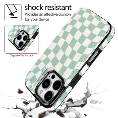 for iPhone 16 Pro Case Wallet with Card Holder (Green Checkerboard) | Flip PU Leather,Built-in Card Slots, Kickstand,RFID Blocking and Shockproof Case - color: Green Checkerboard, size: iPhone 16 Pro 6.3 inch