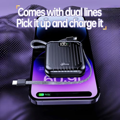 10000mAh Small 22.5W Power Bank with Built in Cable, 3A Fast Charging, 4 Outputs 2 Inputs, Mini Portable Charger for Samsung Google Pixel LG Moto iPhone iPad