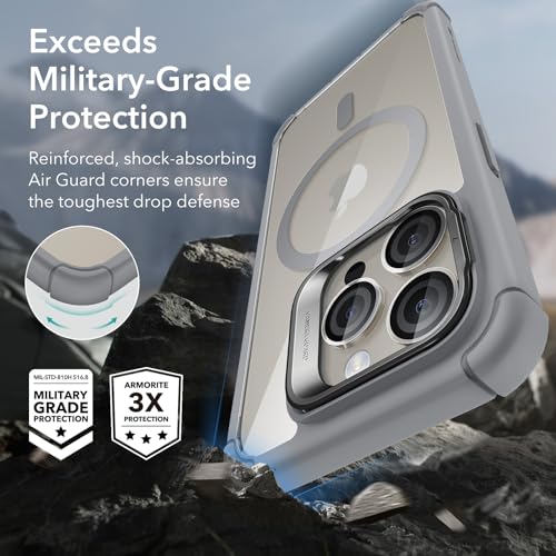 ESR for iPhone 15 Pro Case with Stand, Compatible with MagSafe, Full-Body Military-Grade Drop Proof Case with Built-in 9H+ Tempered Glass Screen Protector, Armor Series, Clear Grey - color: Clear Grey + Stand