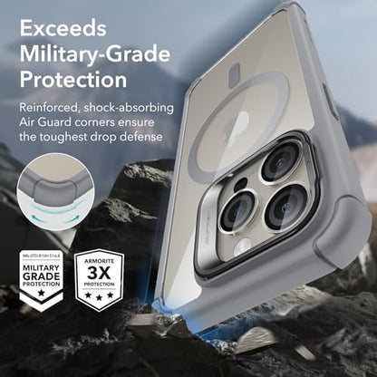 ESR for iPhone 15 Pro Case with Stand, Compatible with MagSafe, Full-Body Military-Grade Drop Proof Case with Built-in 9H+ Tempered Glass Screen Protector, Armor Series, Clear Grey - color: Clear Grey + Stand